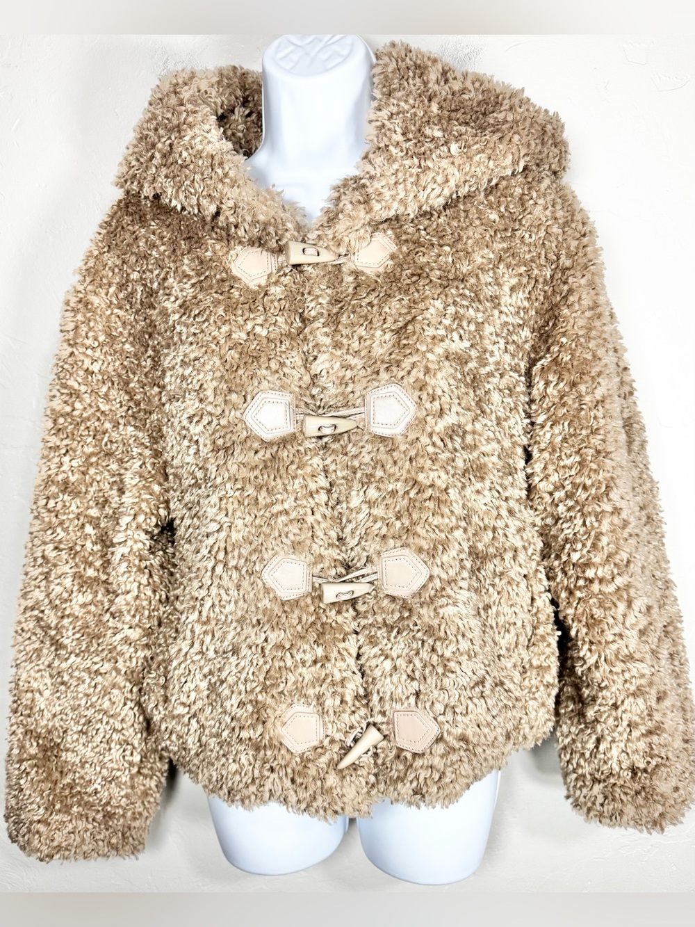 Galita Cozy Khaki Teddy Toggle Jacket with Hood Size Small - Picture 3 of 14